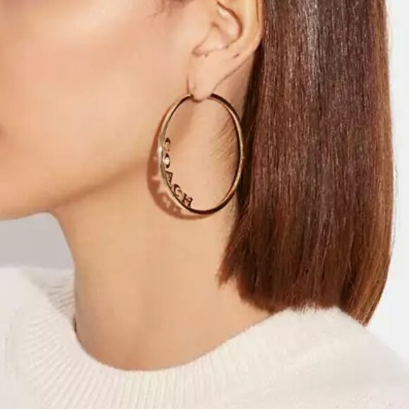 Coach Jewelry - Coach Medium Hoop Earrings Gold Signature Logo Spellout Jewel Rhinestone